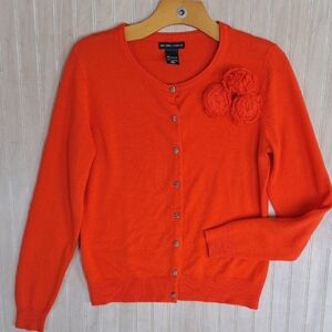 New York & Company Orange Floral Appliqué Rhinestone Button Cardigan Sweater
